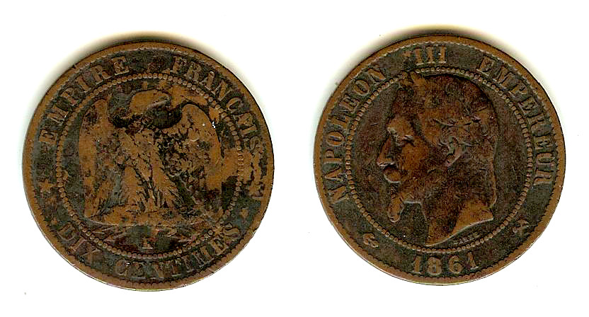 Dix centimes Napoléon III, tête laurée 1861 Bordeaux TB-